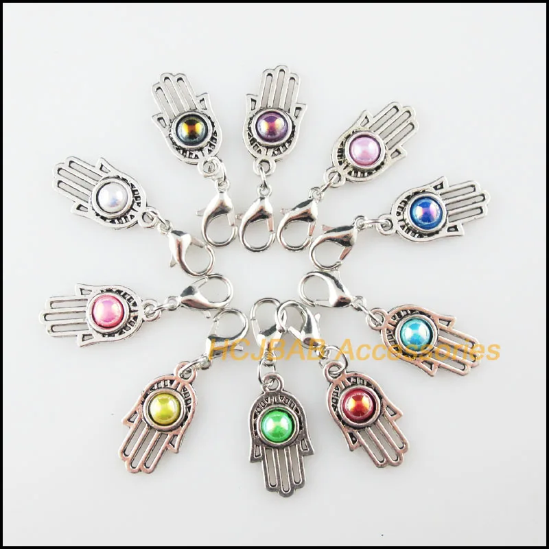 

20 New Palm Charms Acrylic Mixed Retro With Lobster Claw Clasps Hand Tibetan Silver Plated Pendants