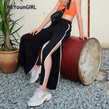 

HEYYounGIRL Split Side Wide Leg Pants Women High Waist Black Trousers Casual Loose Elastic Ladies Pants Capris White Striped