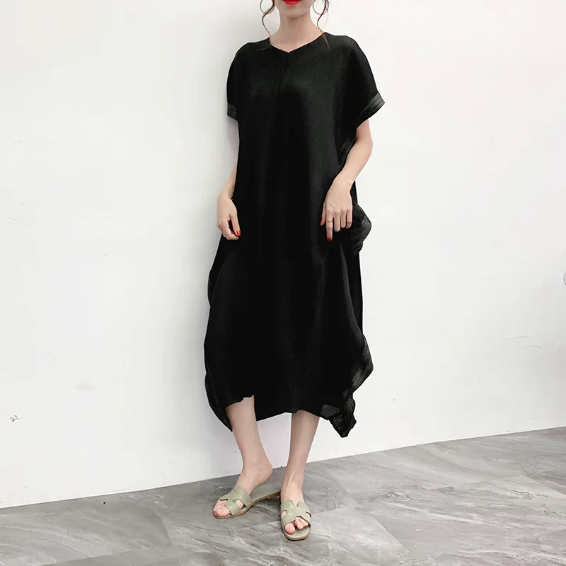Miyake плиссированные платья трапециевидной формы, одноцветные каскадные оборки, короткие рукава, v-образный вырез, до середины икры, женское платье, Зимняя мода