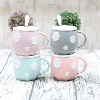 

New Cherry blossom embossed cup big belly mug with spoon Lid,simple milk tea cup Porcelain Tea mug Milk mugs Nice Gifts