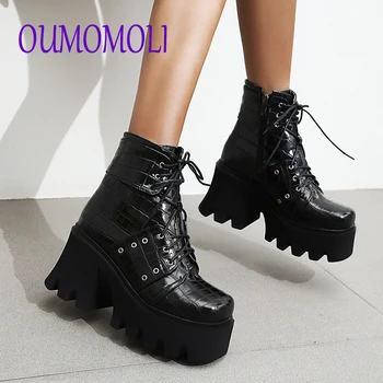 preço Mulher Laço-up Botas De Inverno Das Mulheres Senhoras Chunky Plataforma De Salto Quadrado Preto Botas De Tornozelo De Couro De Patente Punk Goth Nova Chegada 2020