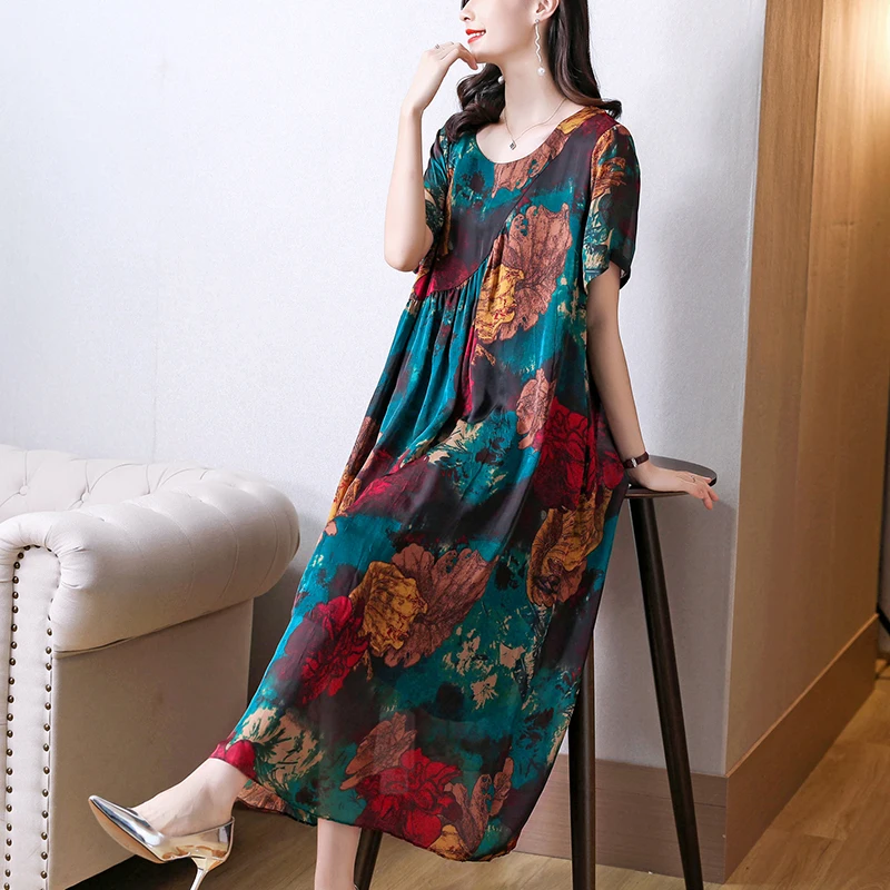 Women Summer  Print Silk Dress Mesh Beach Midi Dress 2024 Vintage Loose 5XL Plus Size Casual Dress Bodycon Elegant Party Vestido