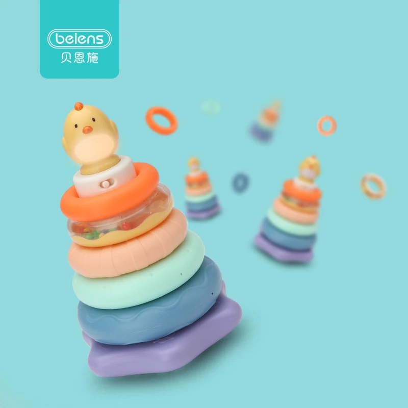low cost Beiens Stacking Rings Toy Baby Rainbow Tower Ring Rattles Toys Children Building Blocks Stack Up As