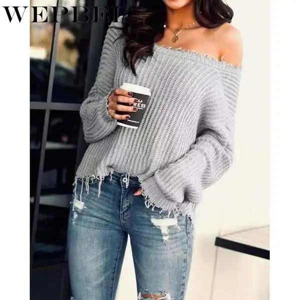 

WEPBEL Autumn Fashion Solid Color Tassled Loose Sweater Women's Casual Long-Sleeved Slash Neck Knitted Pullovers Sweater
