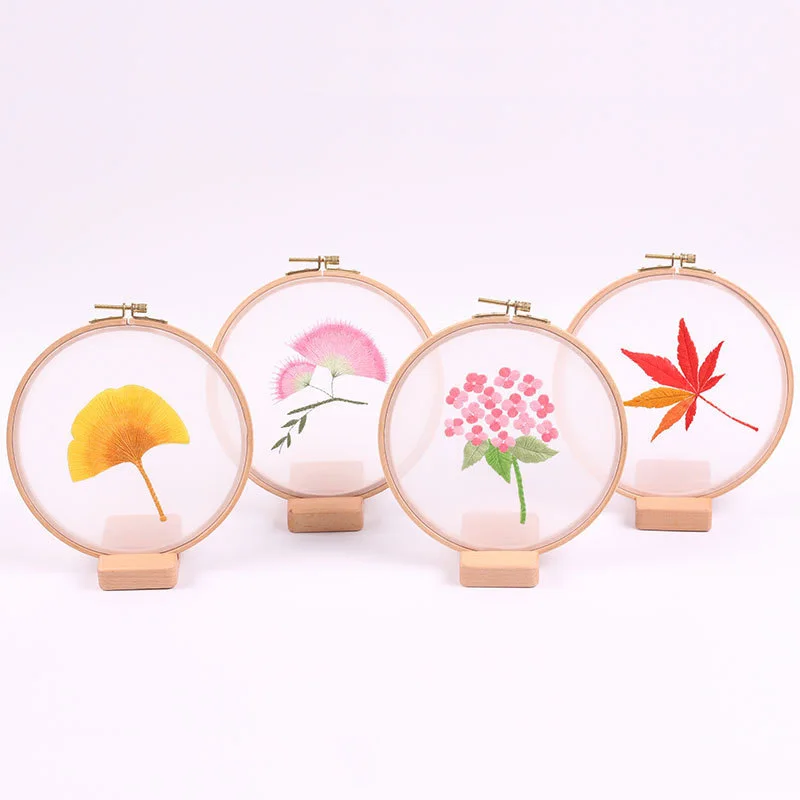 

Chinese Flower Maple Laves DIY Embroidered Kit with Hoop Flower Printed Cross Stitch Kit Needlework For Beginner Sewing Art