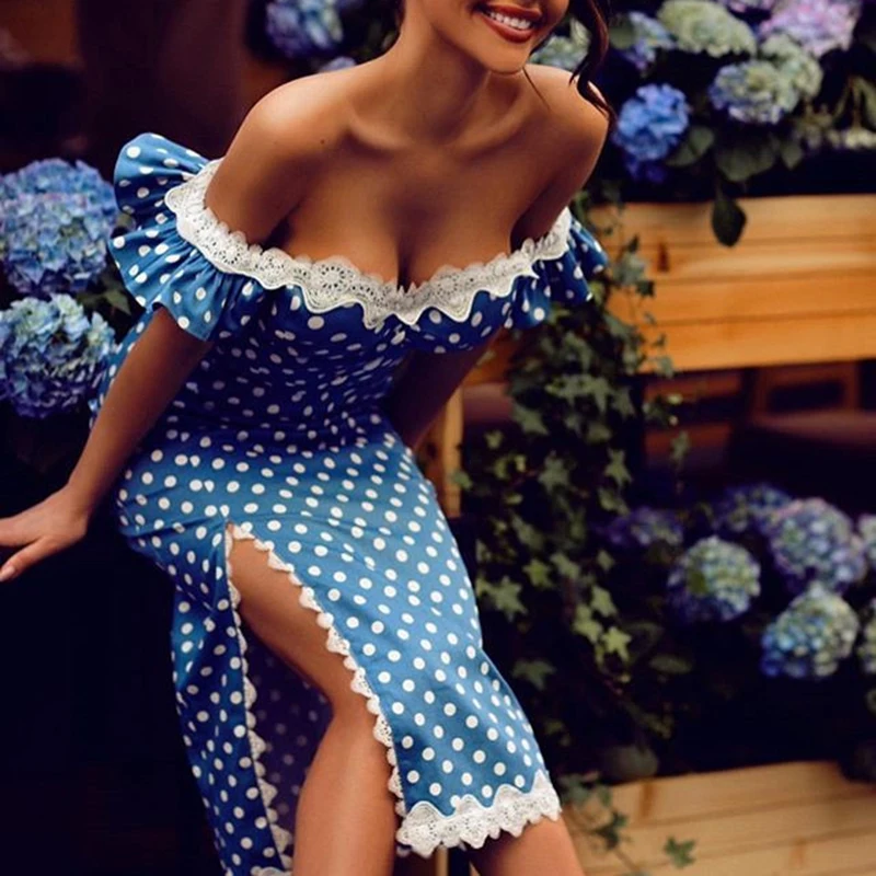 Женское платье в горошек с оборками и рукавами, с открытыми плечами, с разрезом сбоку, тонкое элегантное облегающее платье, платья - Цвет: Синий