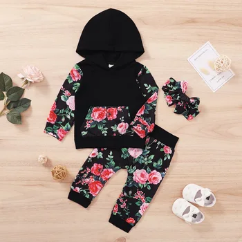 

Baby Girls Floral Printed Long Sleeve Hoodie Long Pants Headbands 3Pcs Clothes Set Autumn Hooded Top Trousers Casual Outfits D30