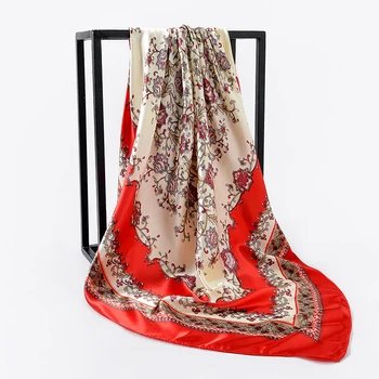 

Retro Ladies Silk Scarf Bandana Fashion Women Printed Hijab Scarf Foulard Satin Square Head Hijab Large Square Scarves Wrap