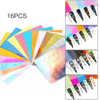 

16 Sheet/lot Holo Leaf Nail Sticker Flame Holographic 3D Nail Sticker DIY Laser Adhesive Decal Sticker Manicure Nail Art Decal