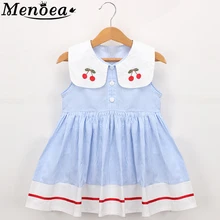 Платье в полоску для девочек; коллекция года; модное Стильное детское платье без рукавов с кукольным воротником; дизайн для От 2 до 6 лет; милое детское платье на пуговицах