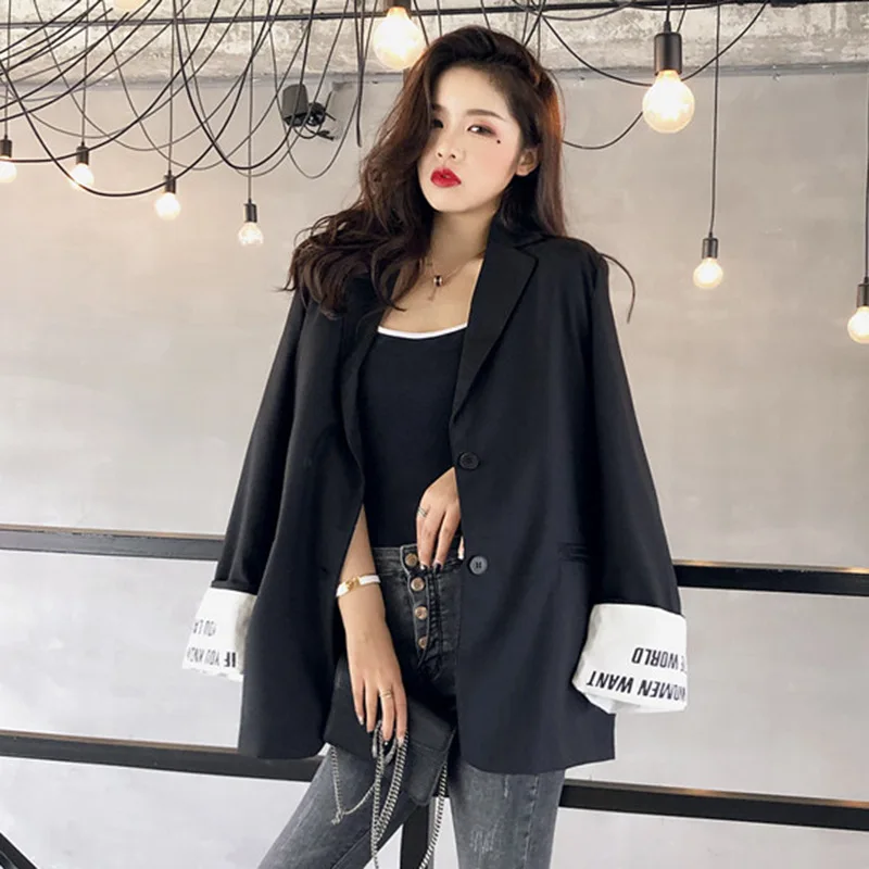 Cool Lettered Mixed Colors Long Sleeve Fashion Suit Women's Autumn New Style Students Loose-Fit Coat Mid-length Casual Tops Fash