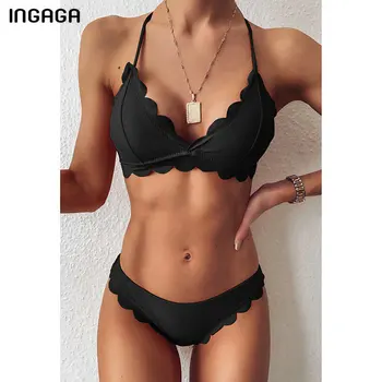 INGAGA-Bikinis con Push-Up para mujer, bañadores negros, traje de baño de mujer con cordón, conjunto de Bikini de encaje 2021