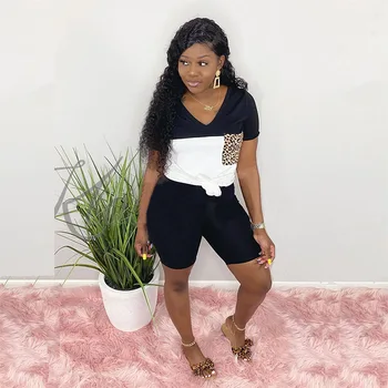 

Leopard Printed Women's Tracksuits 2 Pieces Sets Loose Short Sleeves Pockets T-shirts Set Female Summer Sport Shorts Lady Suit