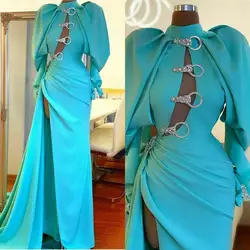 Blue High Neck Beaded Long Sleeve Evening Dress High Side Split Mermaid Prom Dress Custom Red Carpet Dress فساتين السهرة