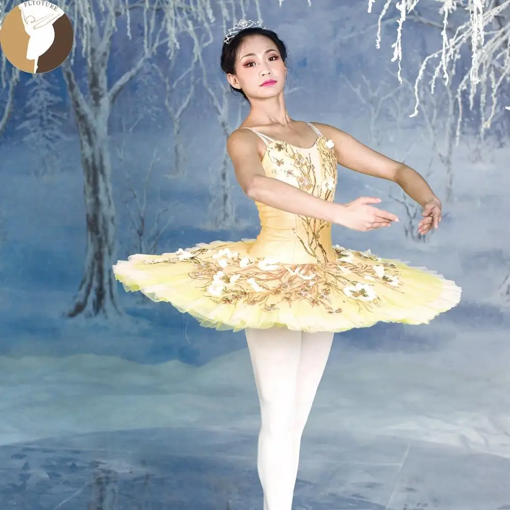 Vestido de Ballet amarillo Swan Lake, tutú de actuación, Pancake