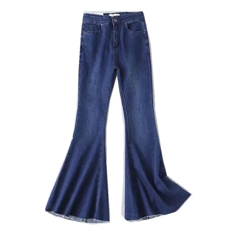 Высокая талия Синие кисточки на манжетах металлические отверстия Крест шнуровка сзади расклешенные джинсы ретро уличный неровный подрубленный Тонкий джинсы брюки - Цвет: Синий