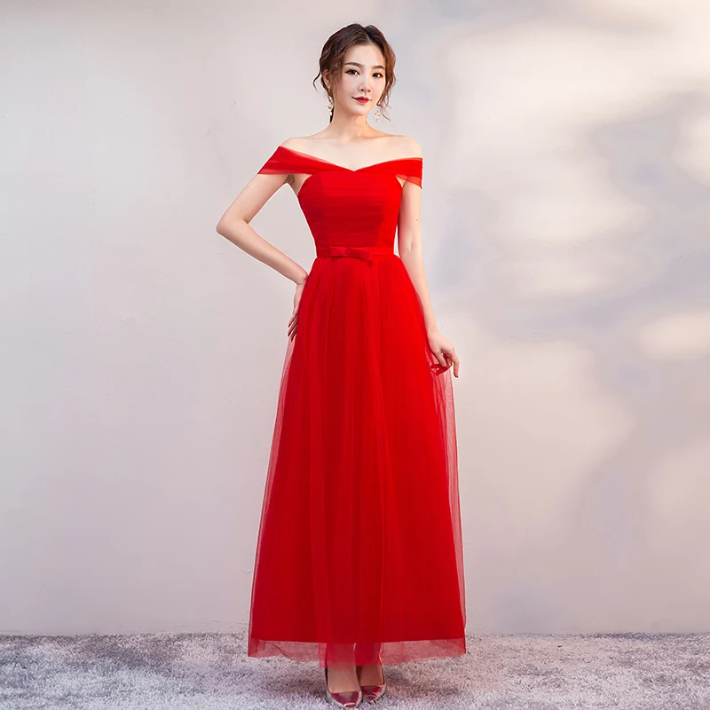 C long red Платье подружки невесты из тюля с v-образным вырезом размера плюс, элегантное женское платье для свадебной вечеринки, простое платье для выпускного вечера Azul Royal vestidos mujer - Цвет: C long red