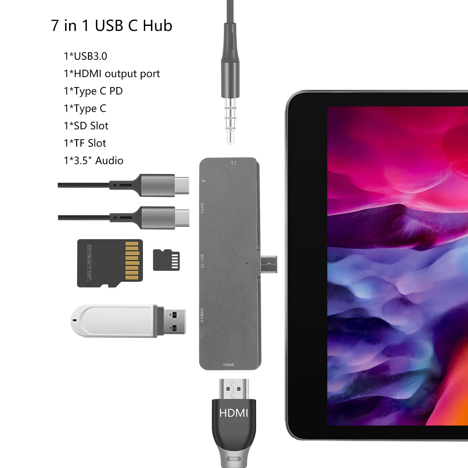 7 in 1 Type C HUB HDMI USB3 0 USB C PD TF Memory Card Multiport Reader Adapter 3 5mm Headphone Jack For iPad Pro MacBook Pro