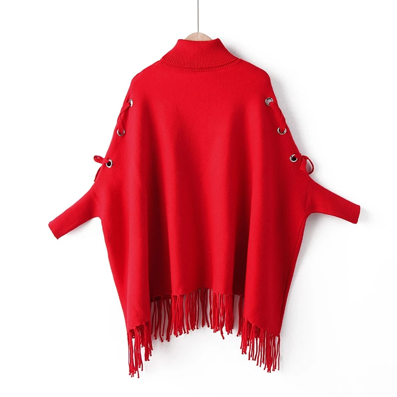 Pull femme, черная зимняя одежда с кисточками, модная водолазка, женский свитер размера плюс, одноцветная, KKFY4112