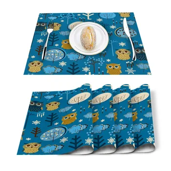 

Owl Flower Tree Dark Blue Pattern Cute Placemat Washable Cotton Linen Table Cloth Pad Mat Rectangle Placemats Heat Resistant