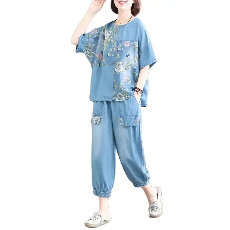 

New 2 Piece Set Printing Splicing Top + Pants Women's Cowboy Suit Summer Thin Section Female Casual Outfit Denim Two-Piece Suit