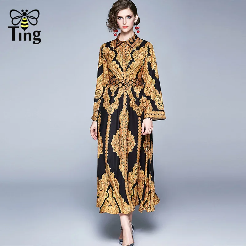 Skup Tingfly wiosna nowy Vintage projektant kwiatowy Print Maxi Casual sukienka pani sukienka do pracy biurowej z paskiem otwórz pojedyncze piersi Plus 2X