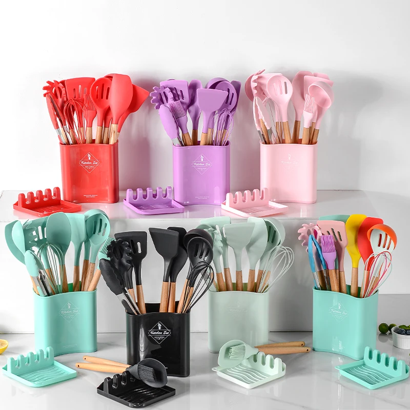 

Silicone Cooking Utensils Set Non-Stick Spatula Shovel Wooden Handle Cooking Tools Set With Storage Box Kitchen Tool Accessories