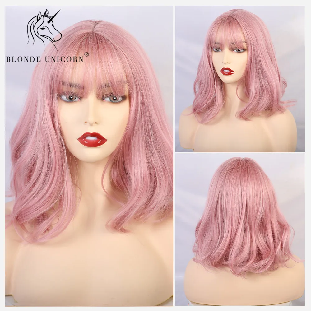 

BLONDE UNICORN Synthetic 12 Inch Short Wavy Bob Wigs Cosplay Pink Brown Purple Wig For Women High Temperature Fiber 8 Colors
