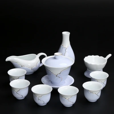 Керамический чайный сервиз Celadon, Европейский, ручной работы, золотой, тонкий, покрытый шиной, белый фарфор, кунг-фу, черный чай, пуэр, чаша, чайная посуда - Цвет: C Set