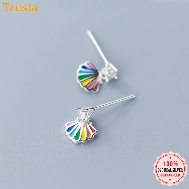

Trustdavis 100% 925 Solid Real Sterling Silver Multicolored Scallop CZ Stud Earring For Women Girl Kid Fashion Jewelry DA352