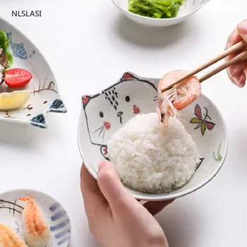 

Janpanese Cartoons Style Lovely Cat Ceramic Plate Bowl Home Kitchen Tools Dinner Rice Plate Salad Cake Noodles Soup Tableware