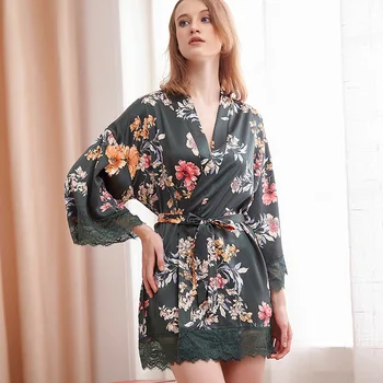 

Women's home wear sexy soft imitation silk with lace robe plus-size ladies floral print lace robe Cardigan nightdress