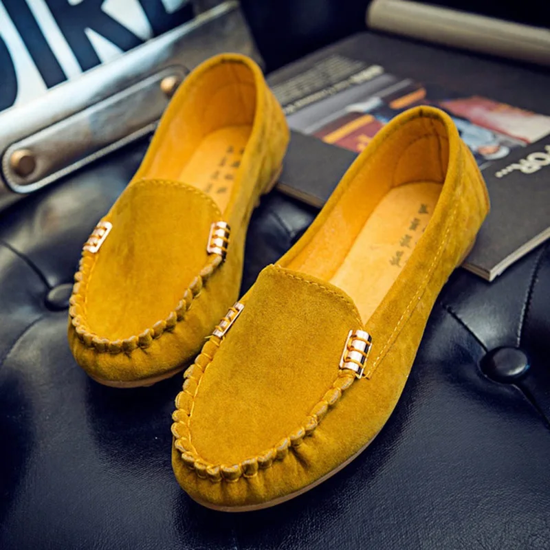 

2020 Women Elegant Faux Suede Slip On Round Toe Flat Shoes Metal Pure Color Casaul Boat Shoes Loafers Flats Shoes Plus Szie36-43
