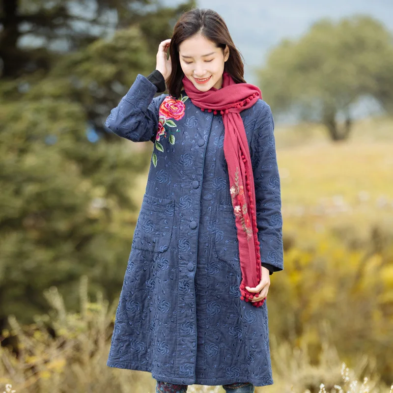

National Wind Embroidery Cotton Coat 2019 Winter New Style Chinese-style WOMEN'S Dress Dark Stripes Warm Thick Cotton Coat Winte