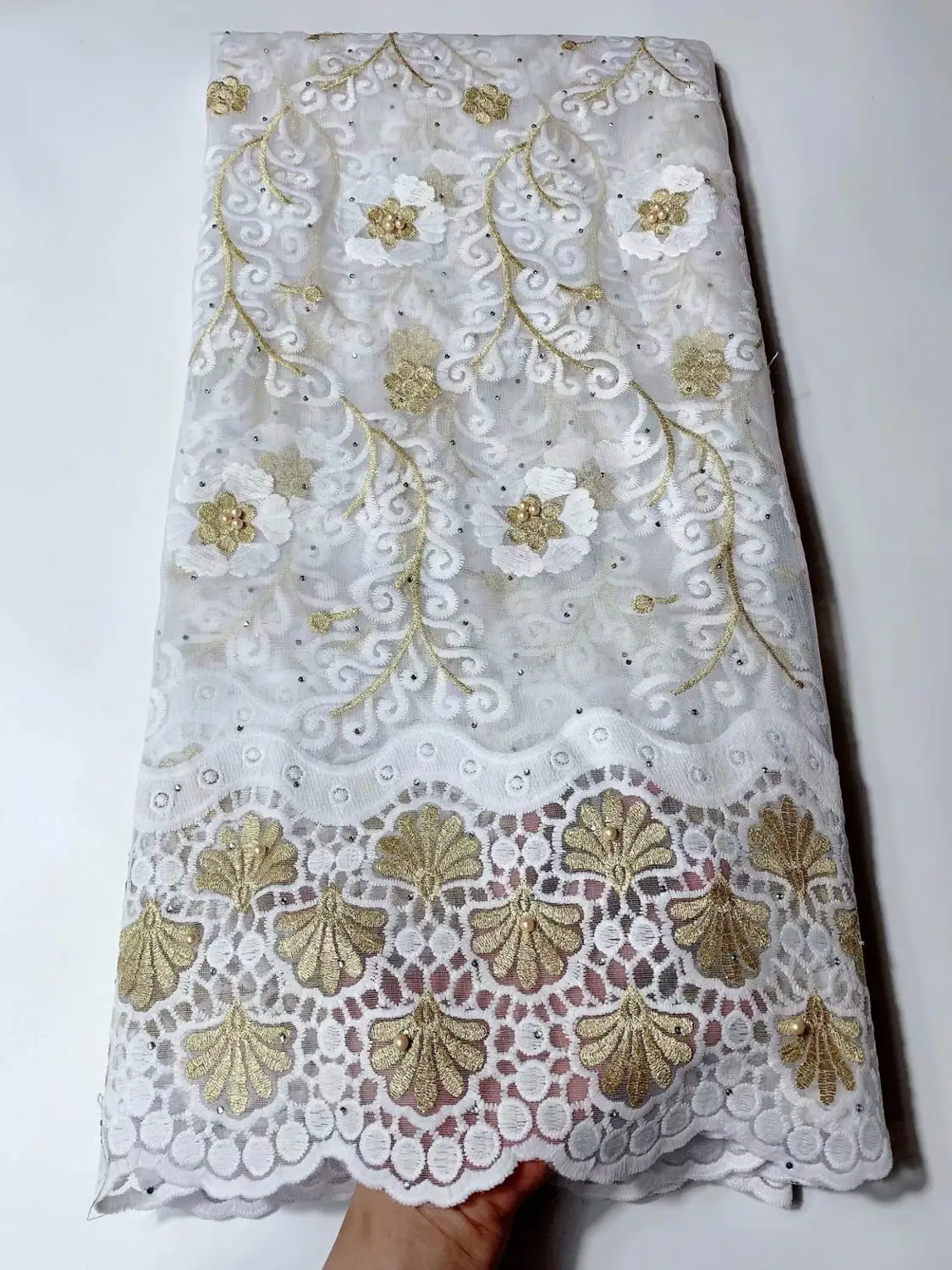 Фиолетовый Французский кружевной ткани африканская Ткань кружево стрейч ткань Блестящий нигерийский кружевной ткани сексуальное платье Материал 5 ярдов/комплект - Цвет: Белый