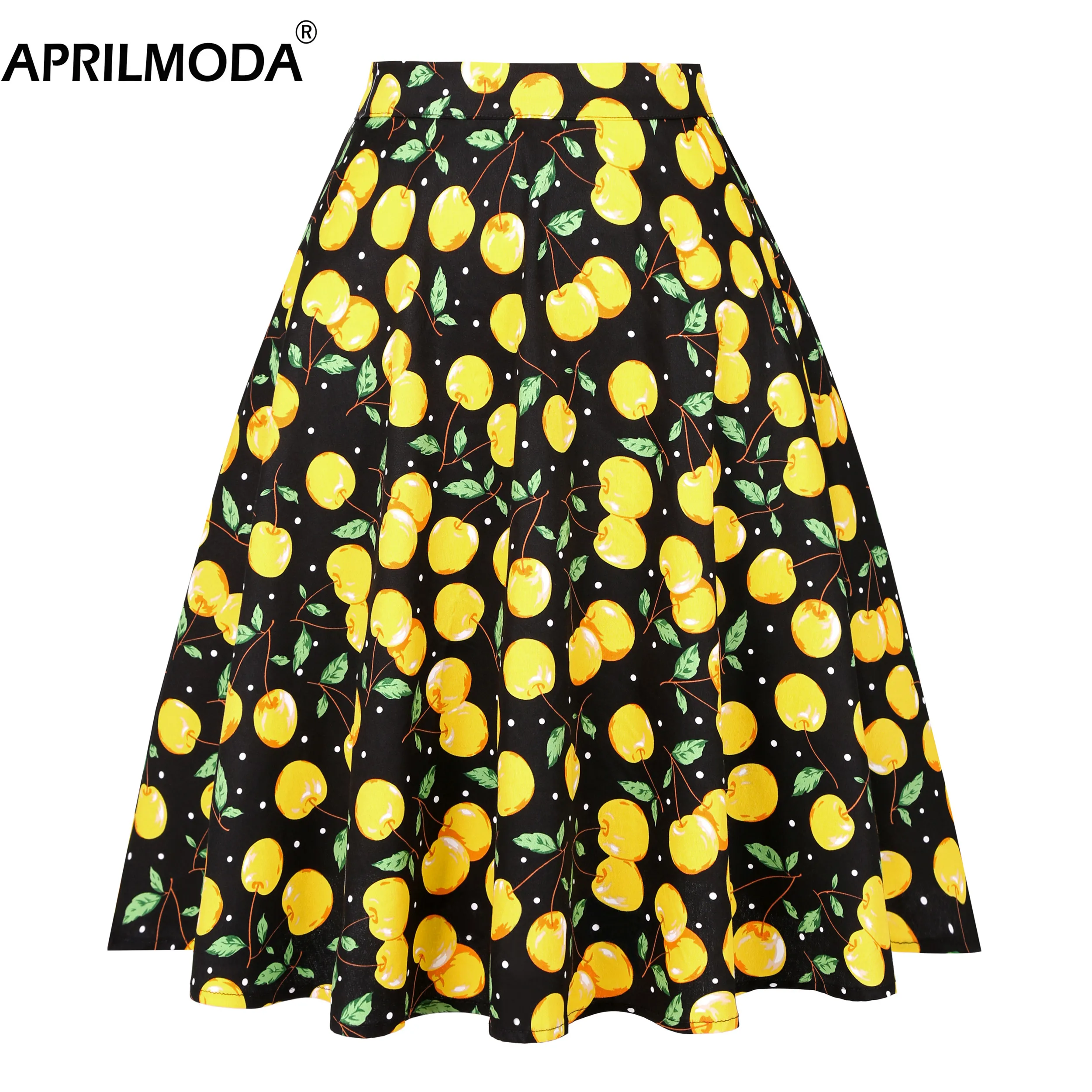 

Yellow Cherry Printed Summer Midi Skirt Black Cotton Summer A-line Short Knee Length 50s Vintage High Waist School Women Skirts