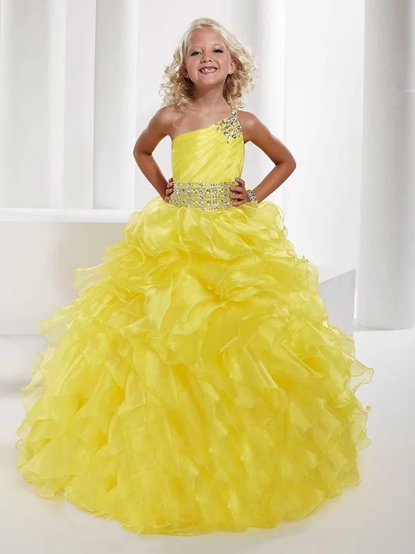 One Shoulder Yellow Pageant Dress For Children Ruffles Tiered Crystal