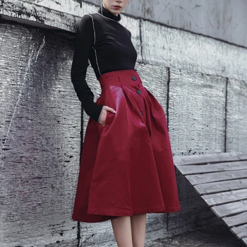 

LANMREM 2020 New Spring Women Clothing High Waist Buttons Wine Red A-line Wide Leggs Halfbody Skirt WC70103M