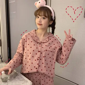 

XIFER Pink Love Women Pajamas 2020 Autumn and Winter Female Korean Loose Suit Cute Student Sweet Home Wear Pajamas for Women