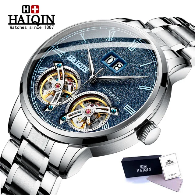 S-silver blue HAIQIN мужские часы Топ люксовый бренд автоматическая техника часы для мужчин двойной турбийон модные водонепроницаемые часы relogio masculino - Цвет: S-silver blue