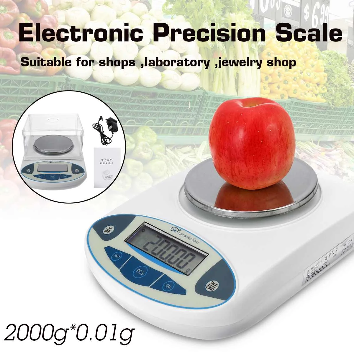 

2kg Electronic Digital Scale LCD Lab Laboratory Analytical Balance Precision Jewelry Scale Mini Portable Weight Scale 2000x0.01g