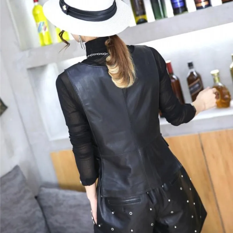 Women Casual Sleeveless Natural Sheepskin Vest Tops Ladies Slim Fit Pullover Side Hollow Out V Neck Genuine Leather Waistcoat