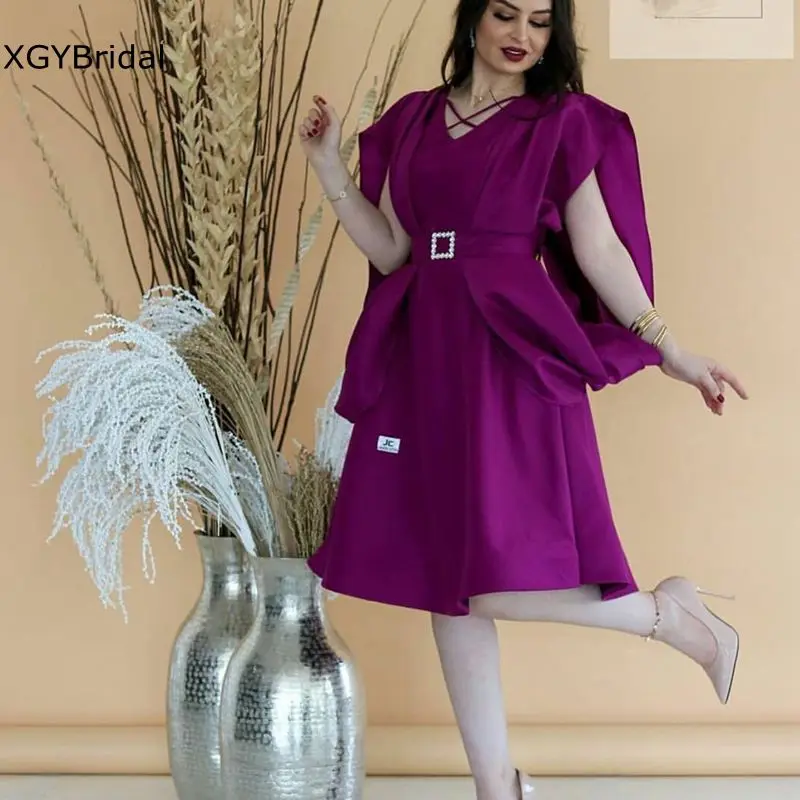 

New Arrival Satin Purple Short evening dress Cap sleeve Tea Length Cheap evening gowns for women Robe soiree femme