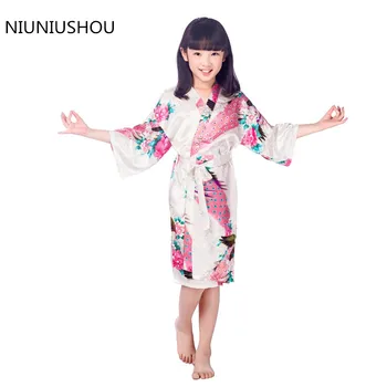

New Peacock Kids Robe Satin Children Kimono Robes Bridesmaid Flower Girl Dress Silk children's bathrobe Nightgown robe size 2-14