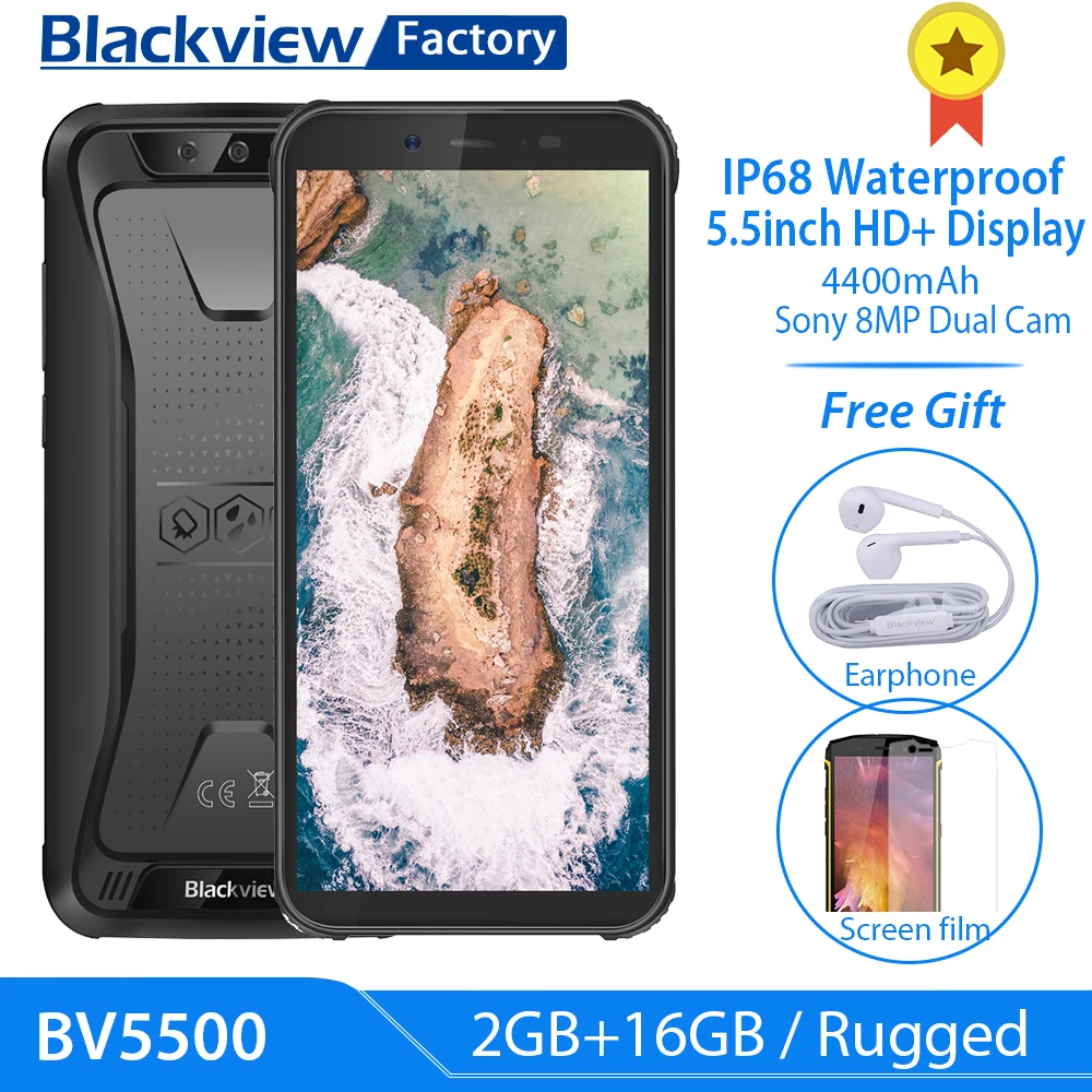 Blackview BV5500 Android 8 1 IP68 Водонепроницаемый смартфон 5 дюймов IPS 18:9 HD + 8.0MP Камера