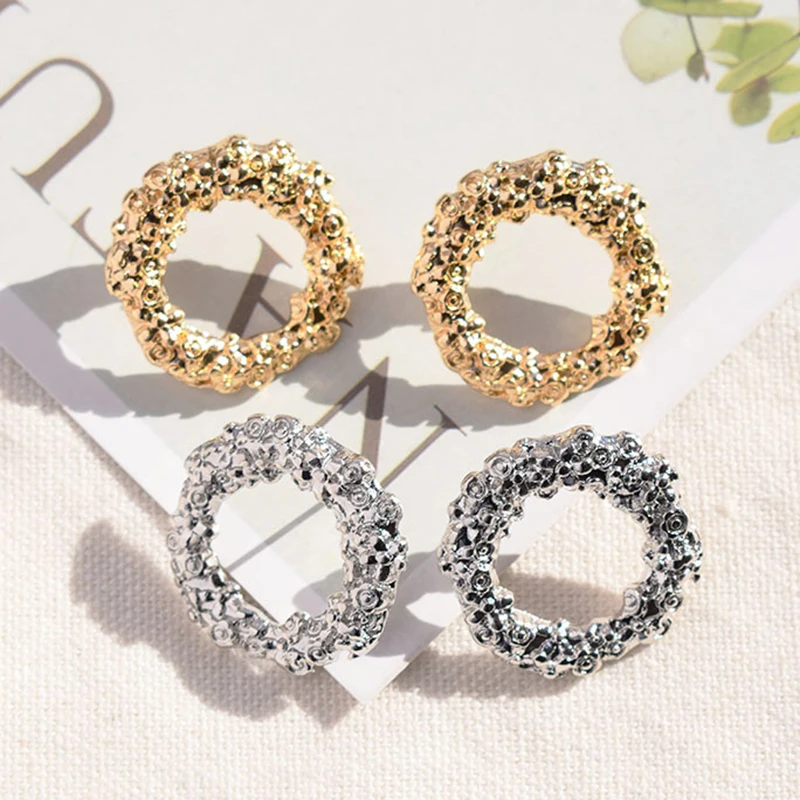 Round Hollow Gold Silver Color Metal Stud Earring Korean Fashion Minimalist Small Alloy For Women Party Jewelry Gift | Украшения и