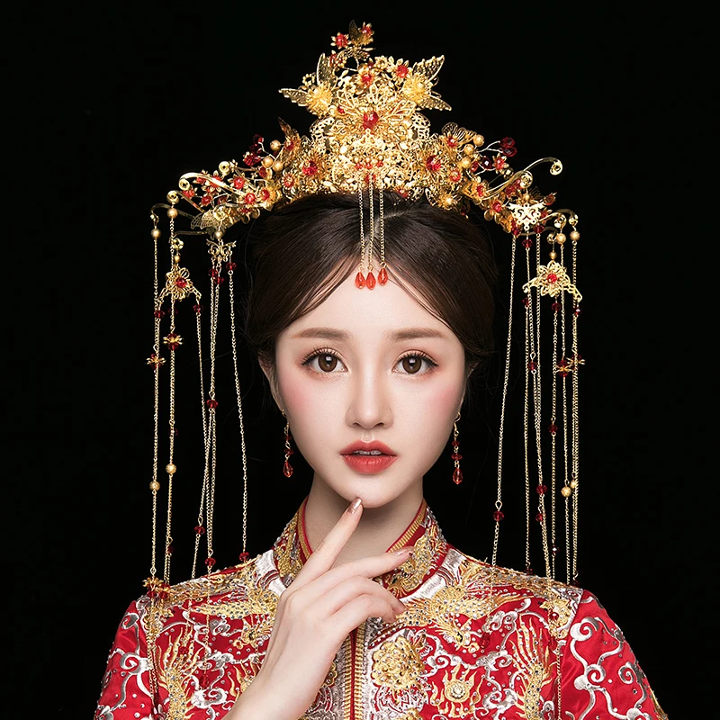 Retro Chinese Red Phoenix  Headdress Crown Catwalk Stage Wedding Hair Accessories