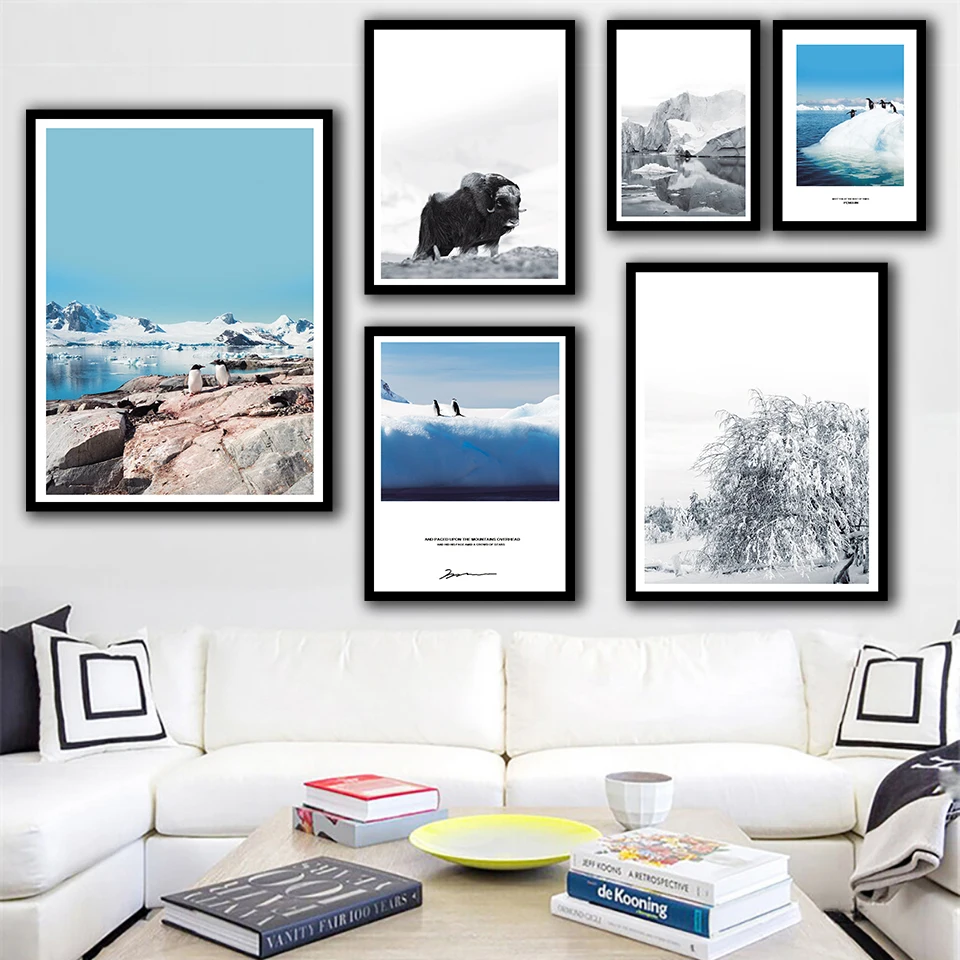 

Winter Beach Seaside Iceberg Penguin Yak Wall Painting Nordic Landscape Decorative Canvas Picture On Wall For Livingroom Decor