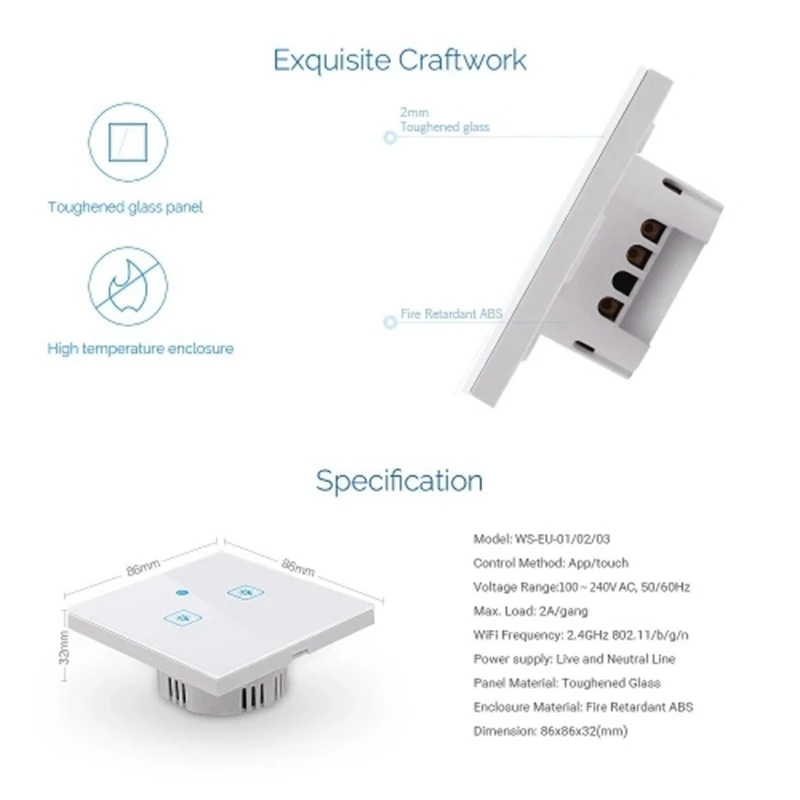 WiFi Smart Press-Switch Wall Switch Light EU Standard Press-Screen Switch Crystal Glass Panel LED Lamp Switches