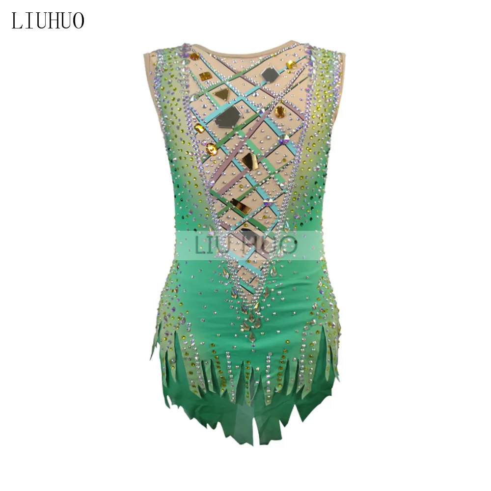 

Платье для фигурного катания LIUHUO, женское платье для девочек-подростков, ледяное представление, Ритмическая гимнастика, зеленое трико для соревнований, танцевальные балетные костюмы для детей